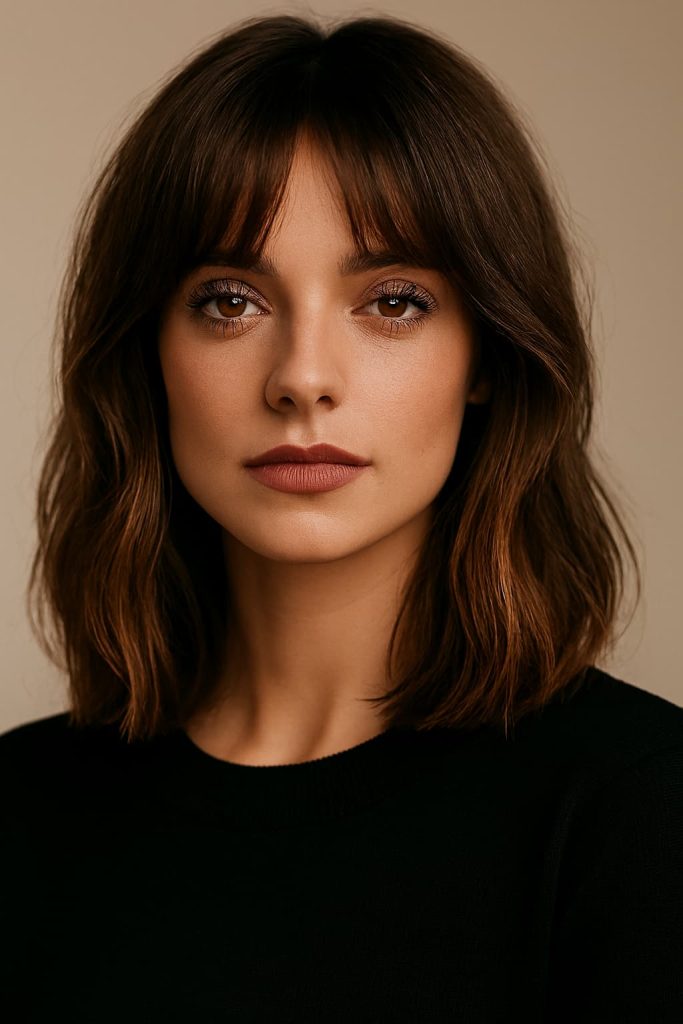 Woman with trendy curtain bangs hairstyle
