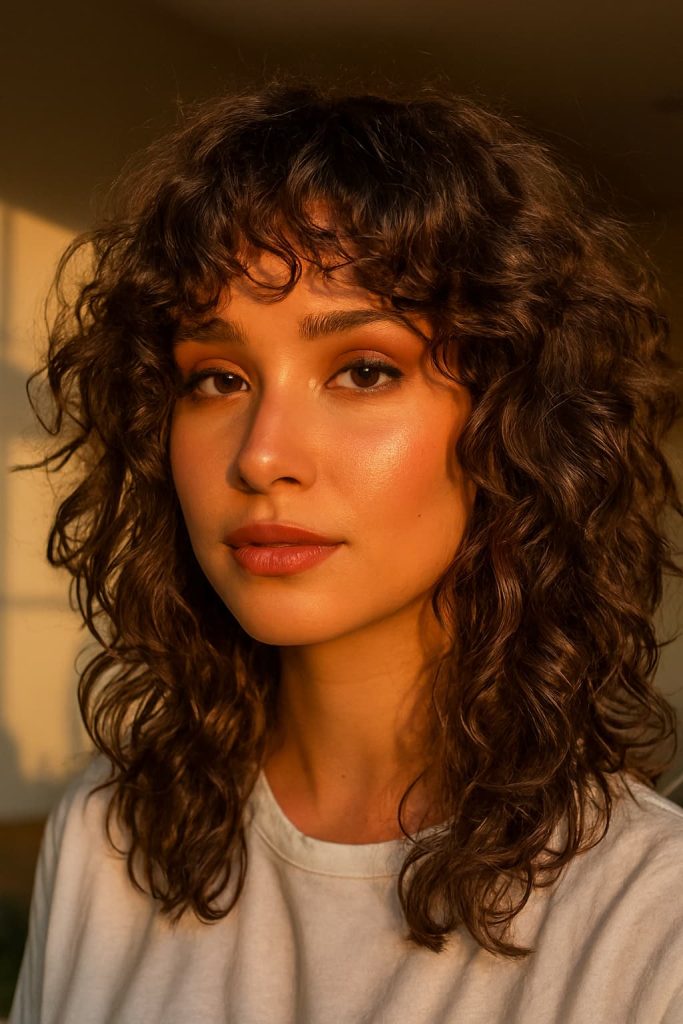 Classic wolf cut for curly hair with shaggy layers and mullet-inspired shape