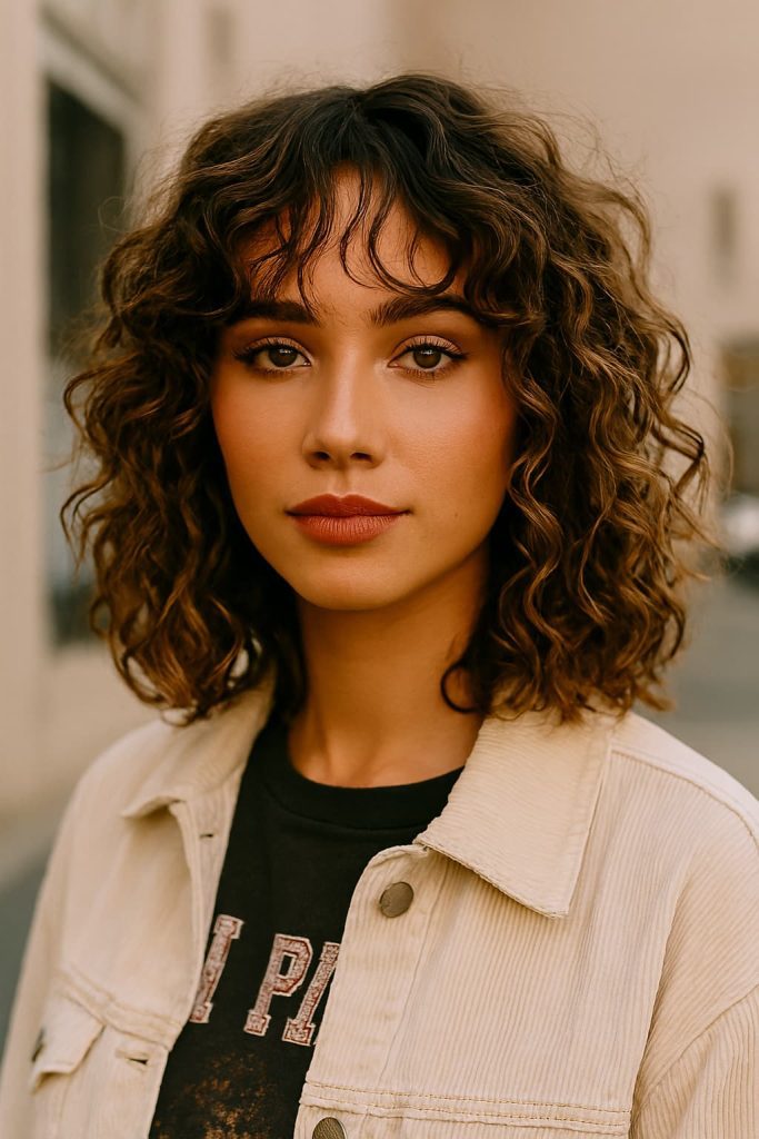 Wolf cut with curtain or wispy bangs enhancing face framing for curly hair