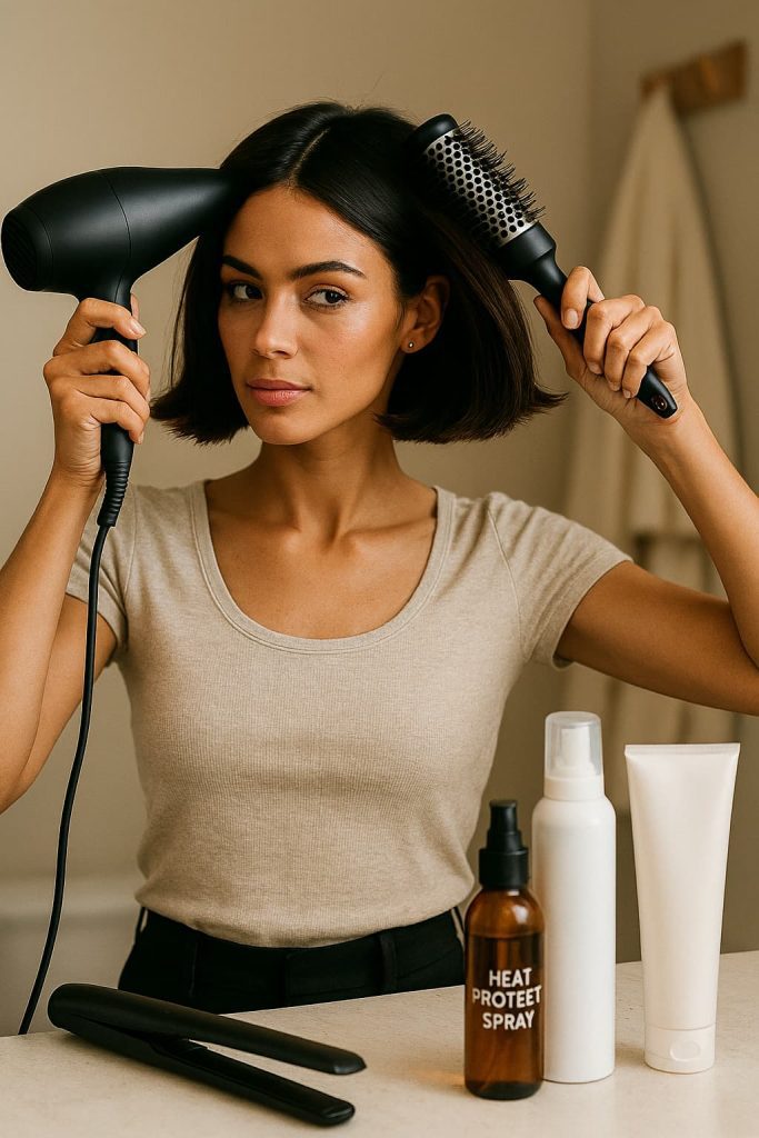 : Woman styling her kicked bob haircut at home using a round brush and hairdryer to create outward flicks.