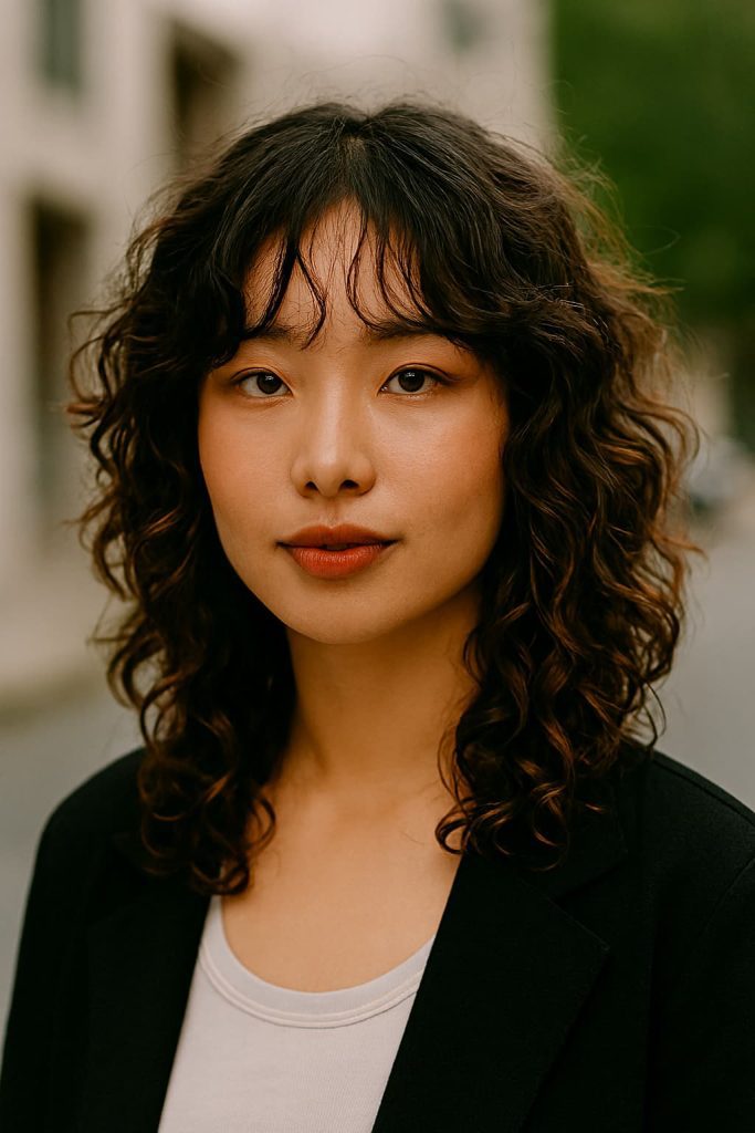 Korean-inspired curly wolf cut with soft layers and wispy bangs