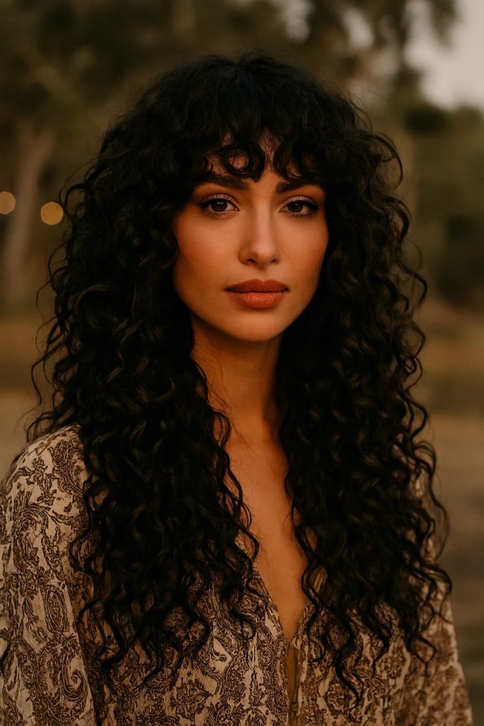 Long wolf cut with face-framing layers and soft ends for curly hair