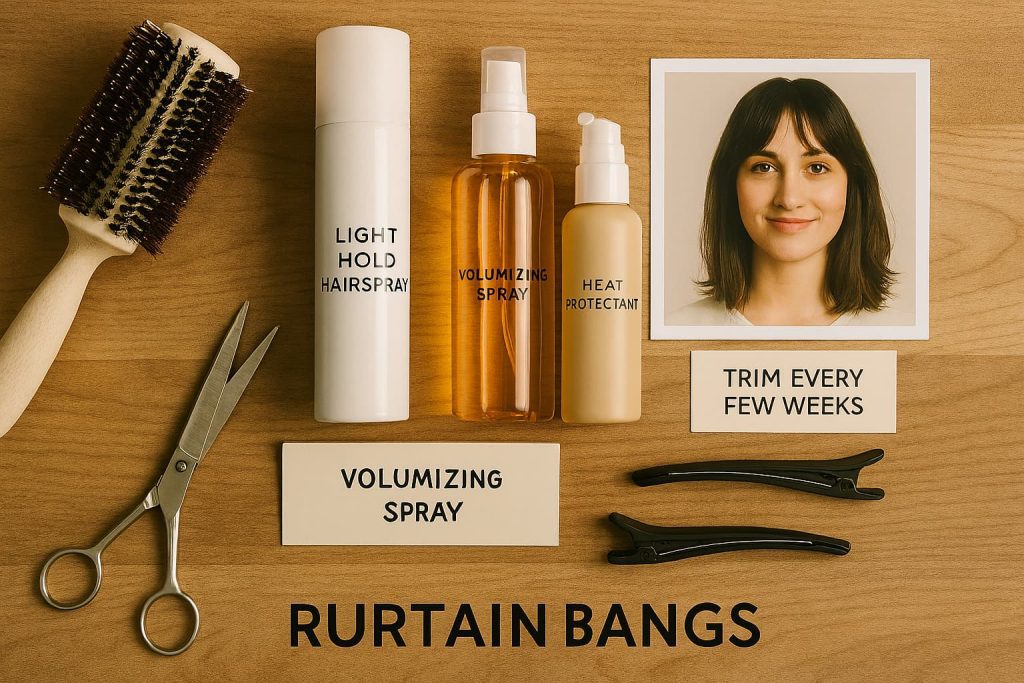 Styling tools and products recommended for bangs maintenance and styling.