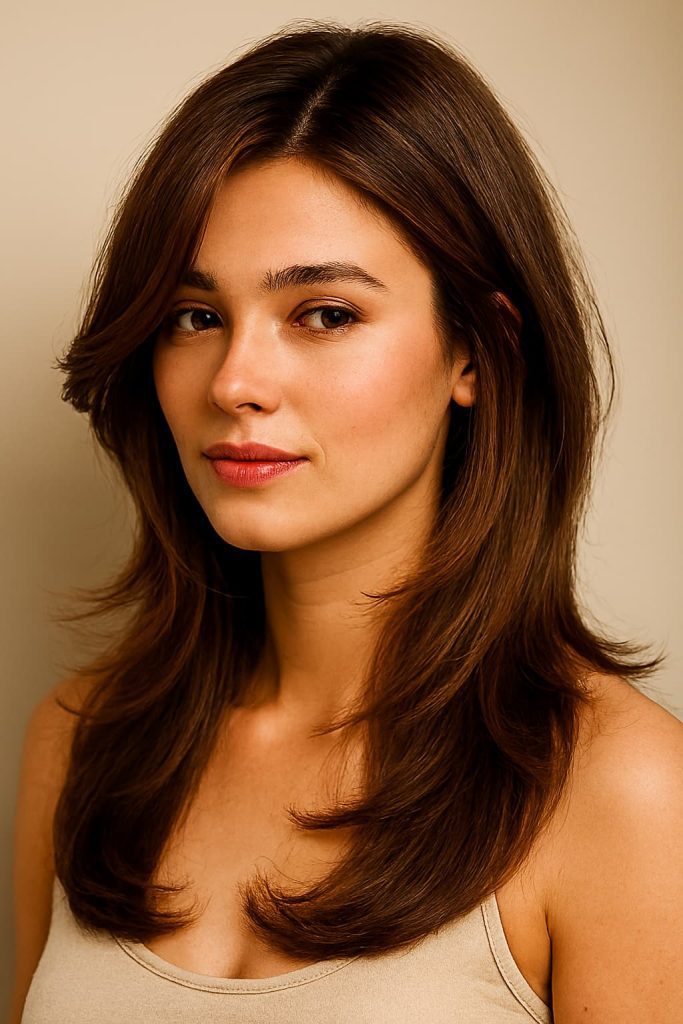 Butterfly cut hairstyle with a deep side part