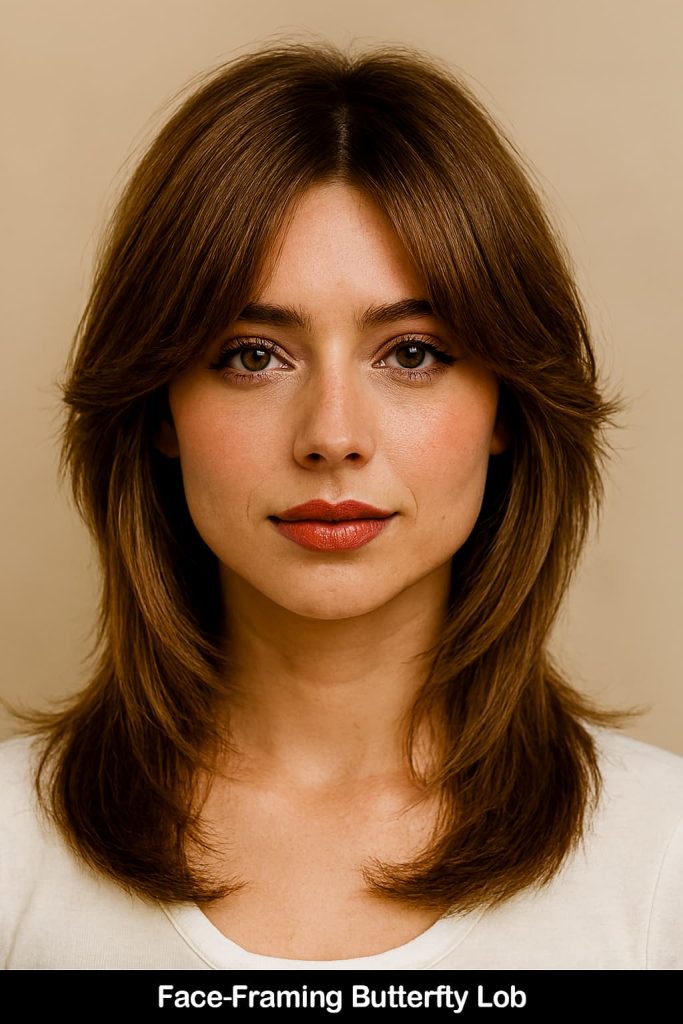 Lob haircut with butterfly layers framing the face