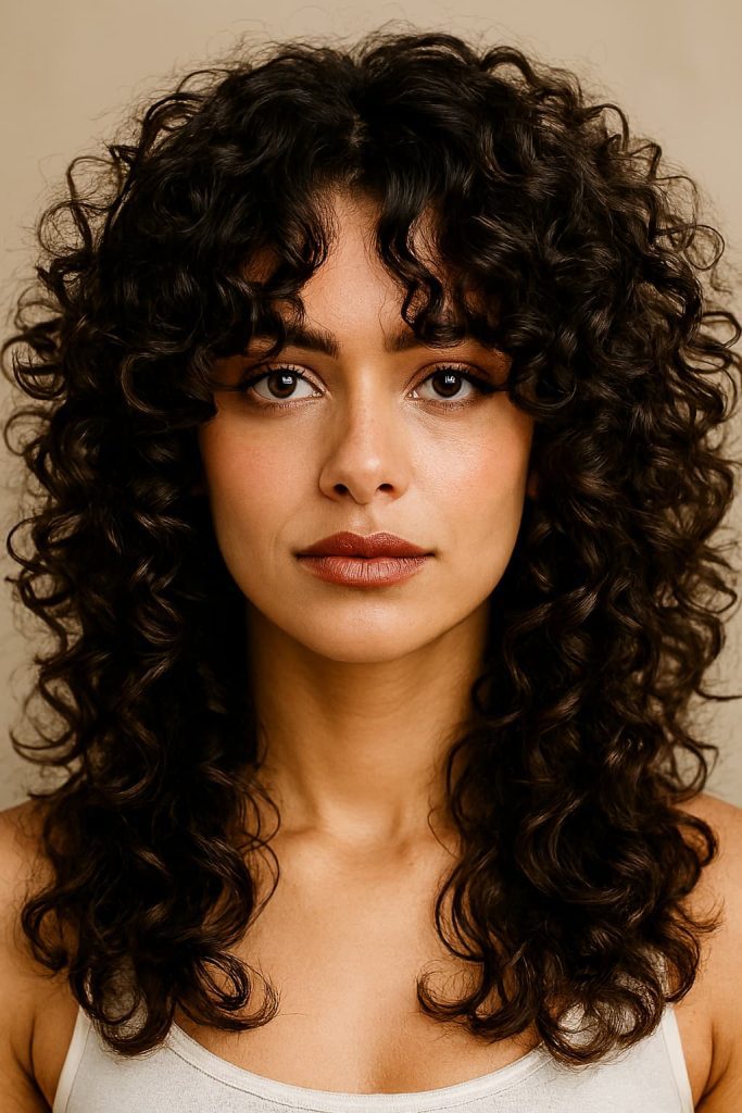 Curly hair with defined butterfly layers adding bounce