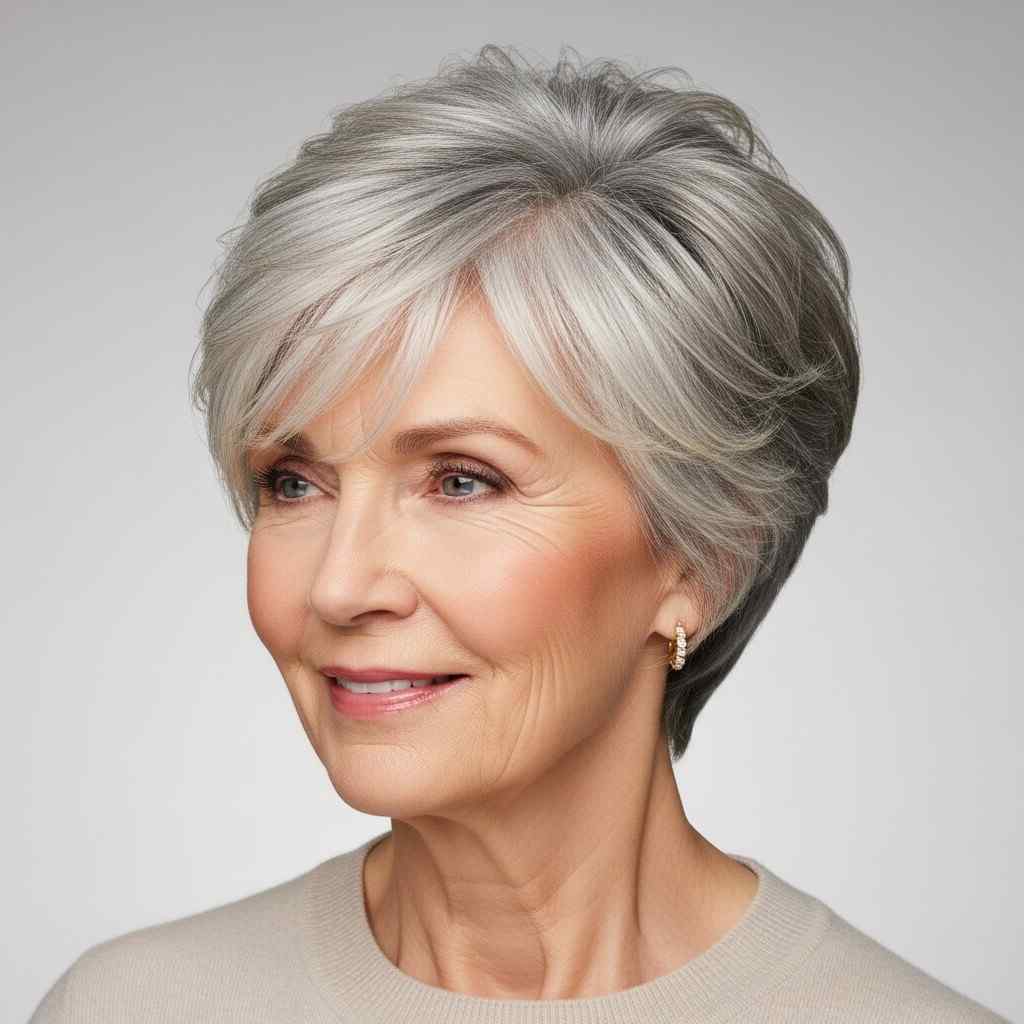 Feathered short layered haircut 2026 for women over 70