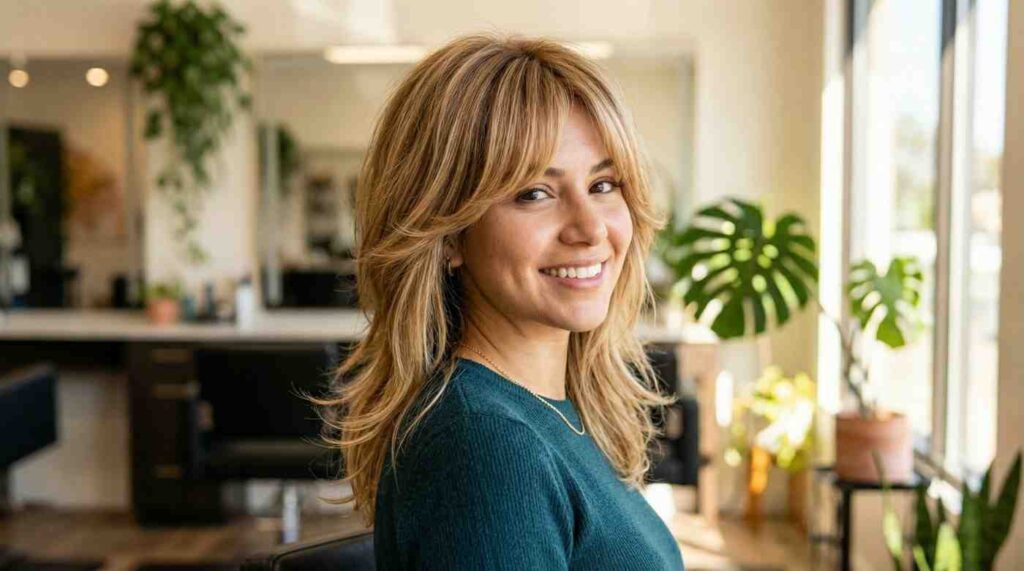 honey blonde shag curtain bangs 2026