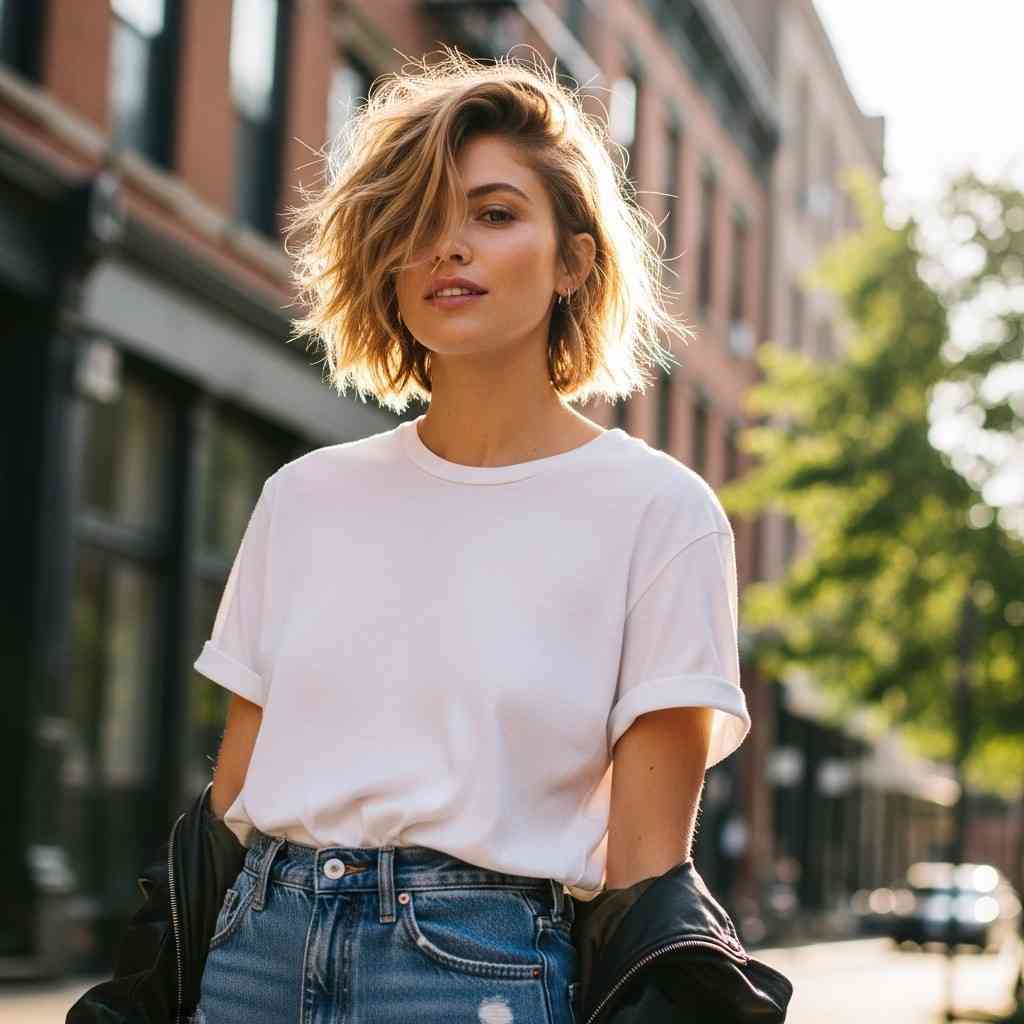Messy Model-Off-Duty Bixie haircut 2026 for wavy hair