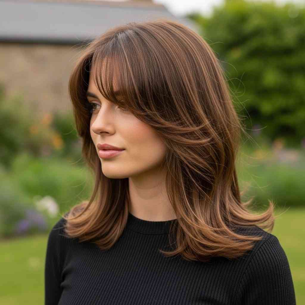 wispy curtain bangs midi layers medium hair