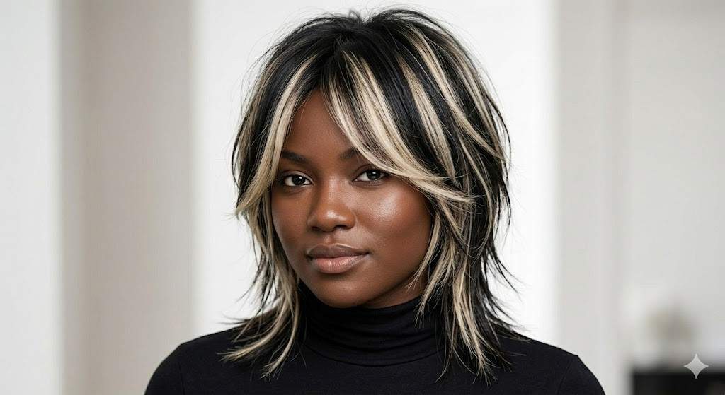 chunky bleach blonde highlights jet black wolf cut 2026