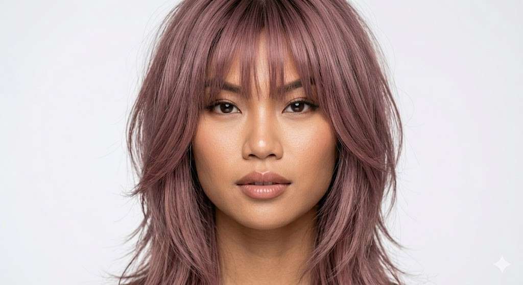 dusty mauve layered wolf blunt fringe 2026
