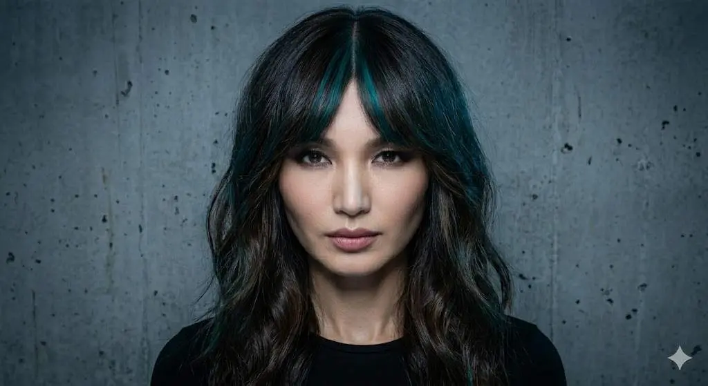 y2k skunk hair feathered bangs teal contrast 2026