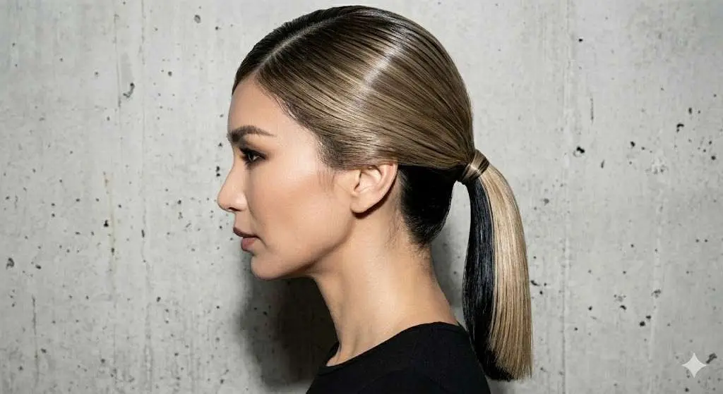 y2k skunk hair slicked ponytail under shadow 2026