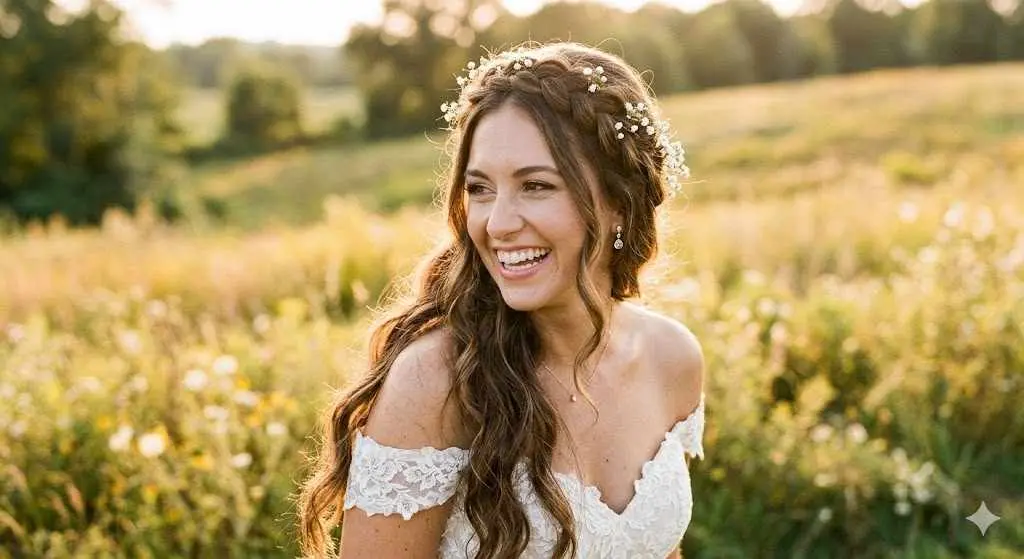 Boho Braided Crown Half Up Hairstyle with Babys Breath Flowers