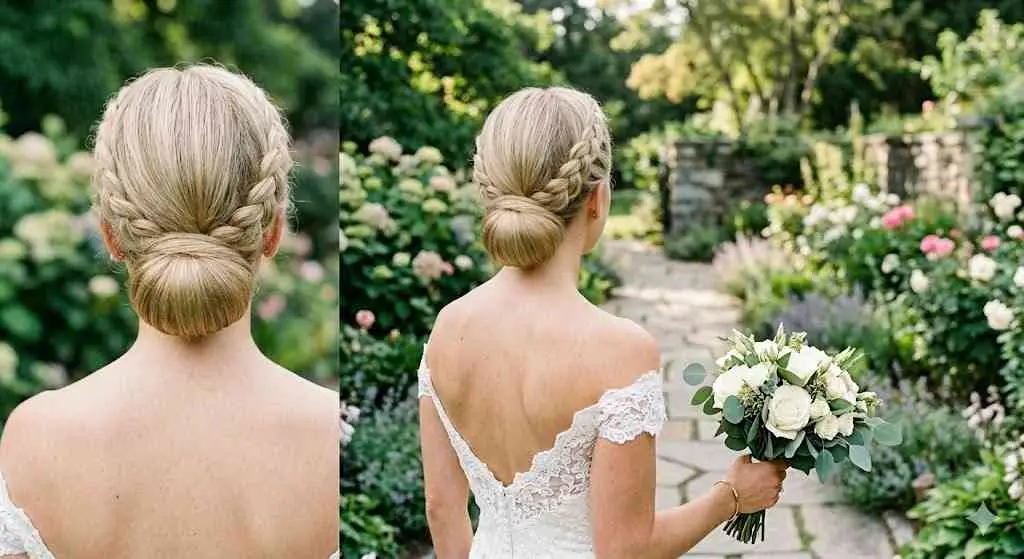 Double Dutch Braids into Low Bun Wedding Updo for Outdoor Brides