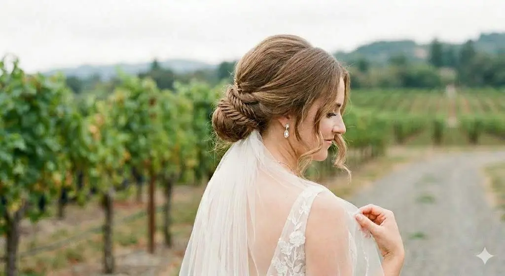 Loose Romantic Updo with Fishtail Braid Detail for Curly Hair