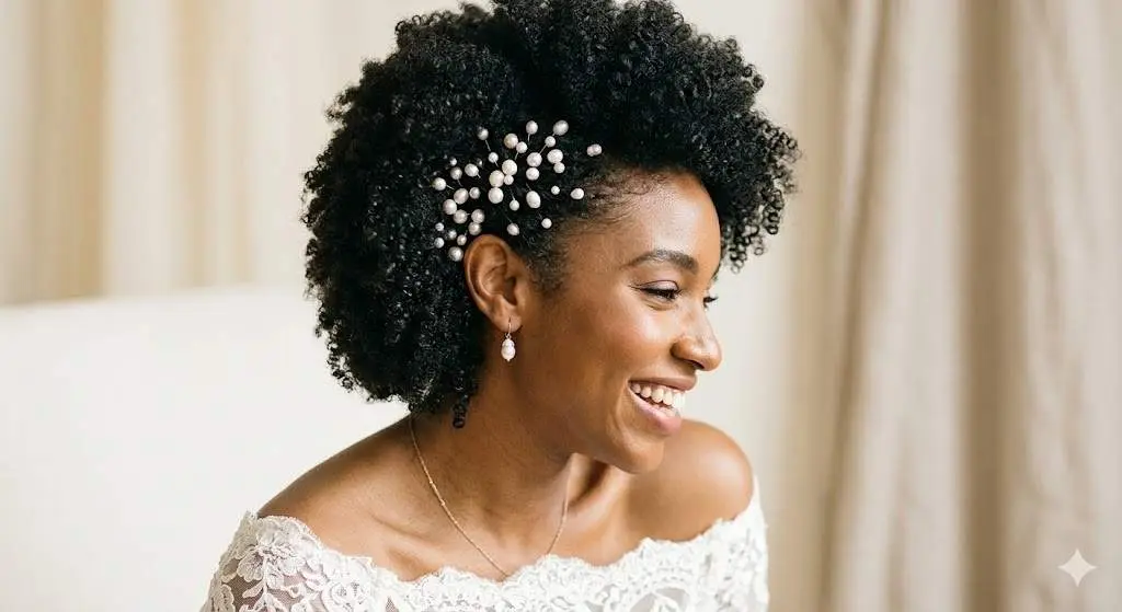 Natural Curls with Pearl Pins Bridal Hairstyle for Coily and Afro Textured Hair