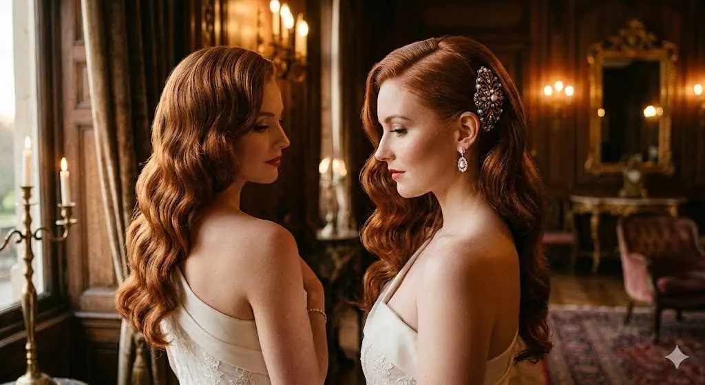 Old Hollywood Side Pinned Waves Wedding Hair for One Shoulder Dresses
