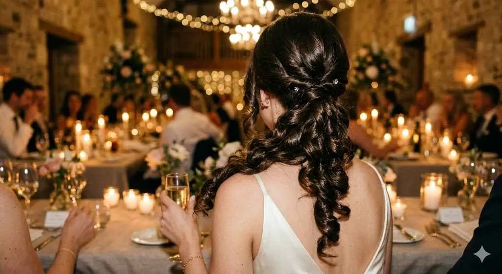 Side Swept Curly Cascade Bridal Hair for Natural Curls and One Shoulder Gowns