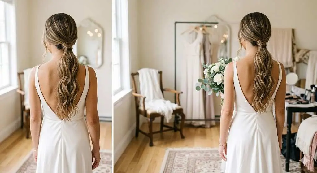 Textured Low Ponytail with Wrapped Base Bridal Hairstyle for All Lengths