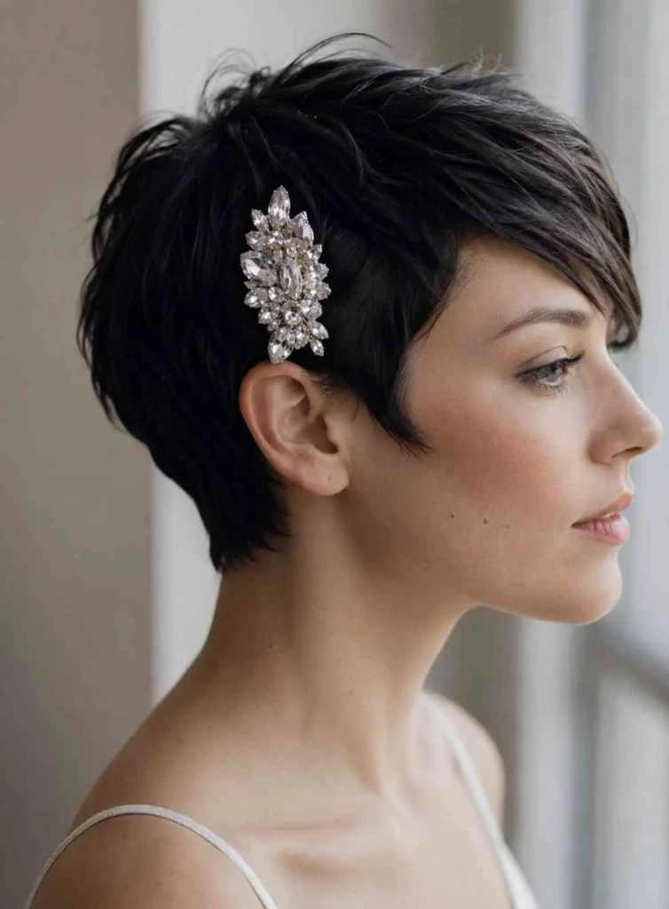 Textured Pixie Cut with Embellished Bridal Clip for Short Hair Weddings