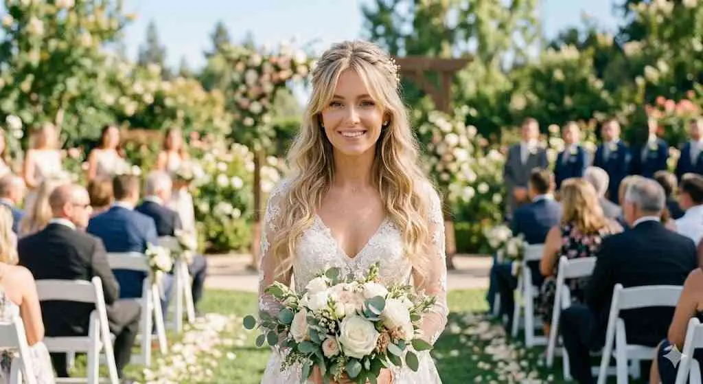 Voluminous Half Up Half Down Bridal Hair with Curtain Bangs