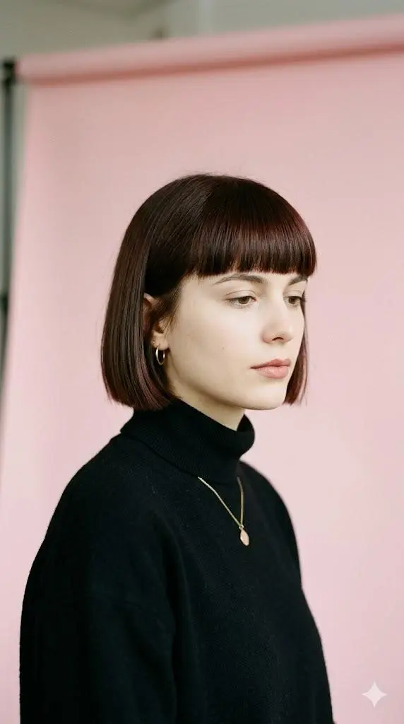 French Girl Cheekbone Grazing Blunt Bob with Full Bangs