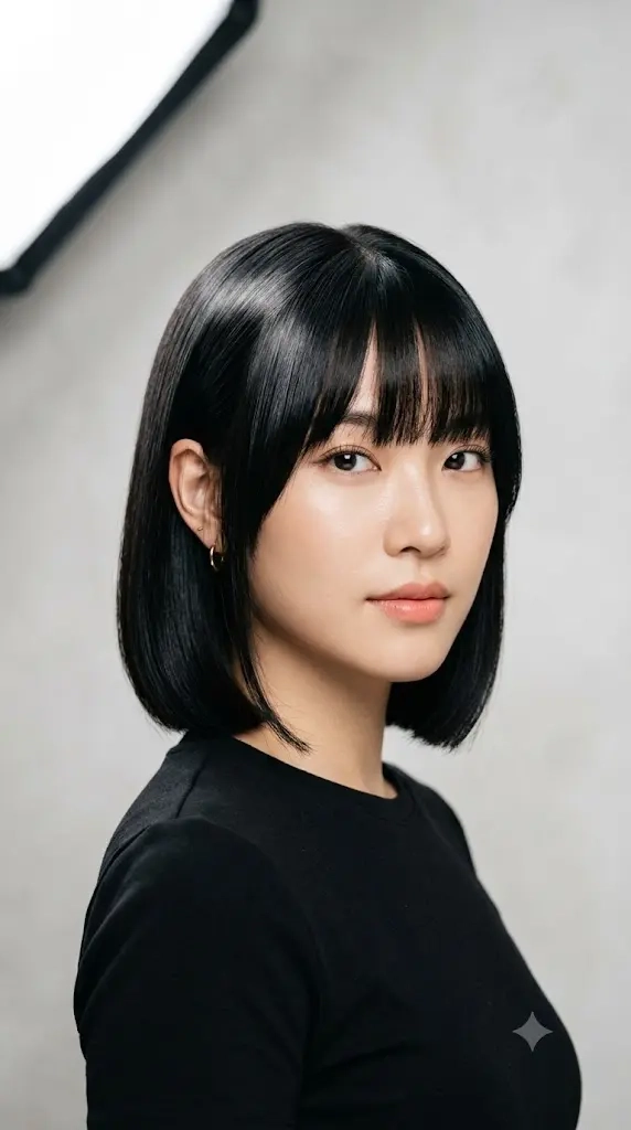 Sleek Blunt Bob With Curtain Bangs and Rounded Shape