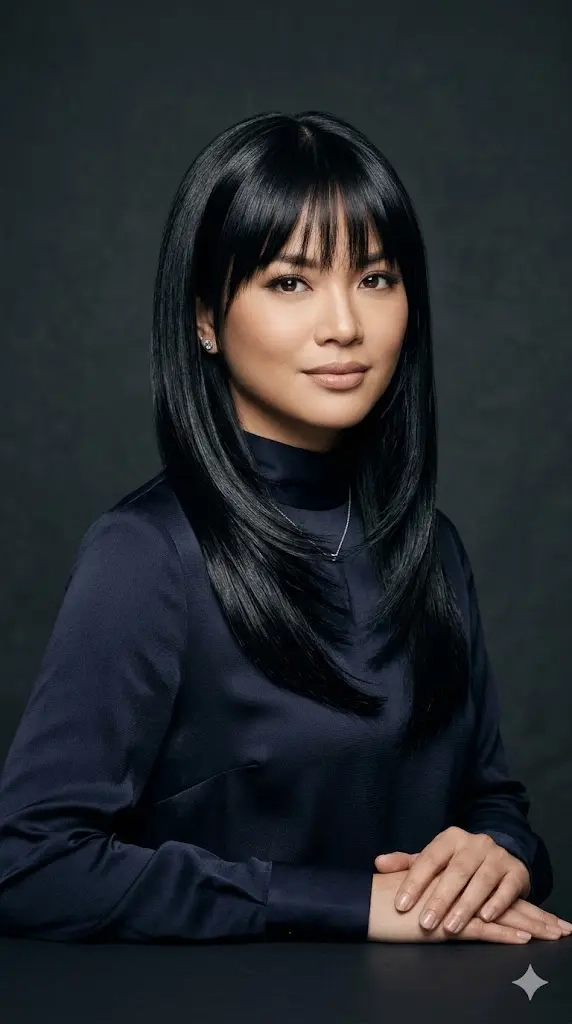 Sleek Straight Wolf Cut with Subtle Layers for Round Faces