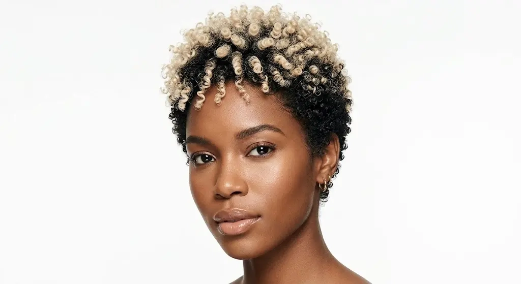 Curly Pixie With Bleached Blonde Tips on 4C Hair