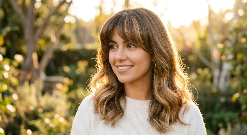 cloud bangs balayage highlights medium brown hair