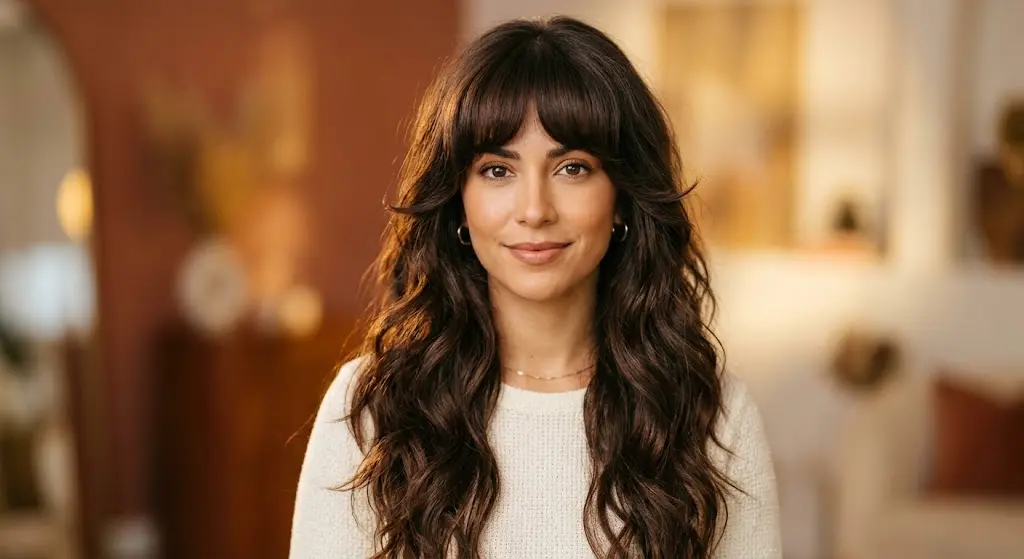 cloud bangs face framing layers long dark hair