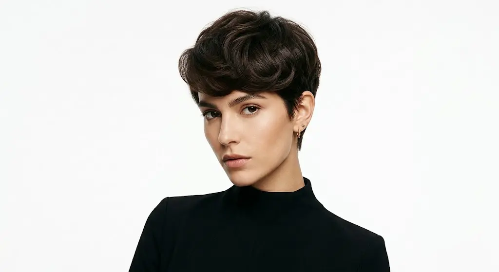 cloud bangs short pixie cut dark hair