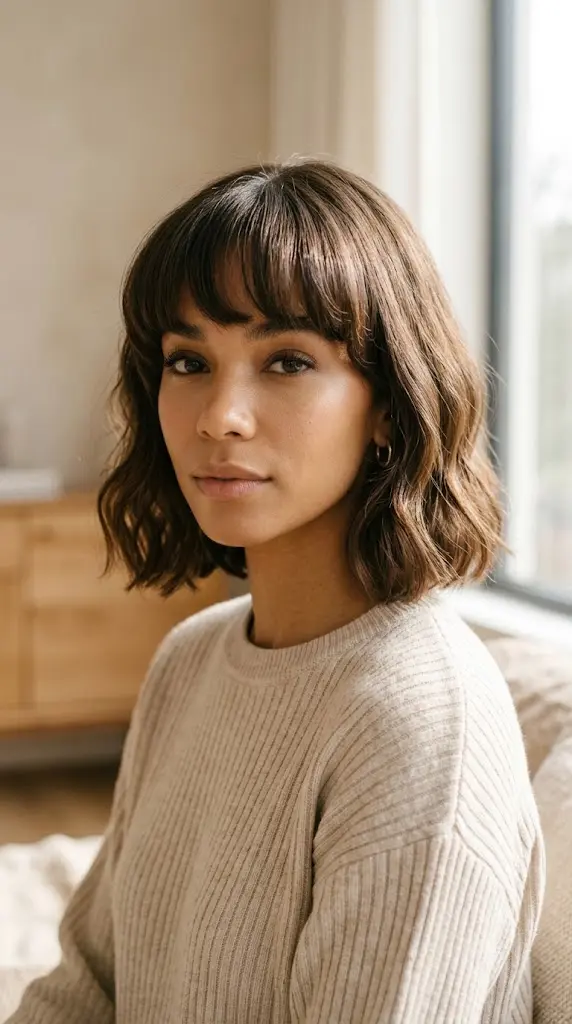 cloud bangs wavy bob medium brown hair